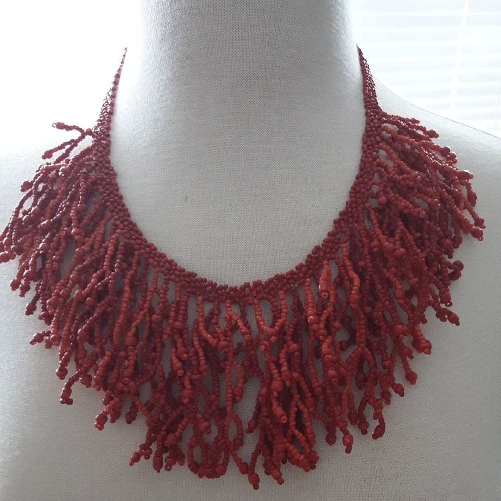 Red Statement Necklace with Coral-Like Strands